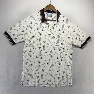 Vintage Knit Golf Polo Shirt Men's Medium White Geometric All over Print 90s